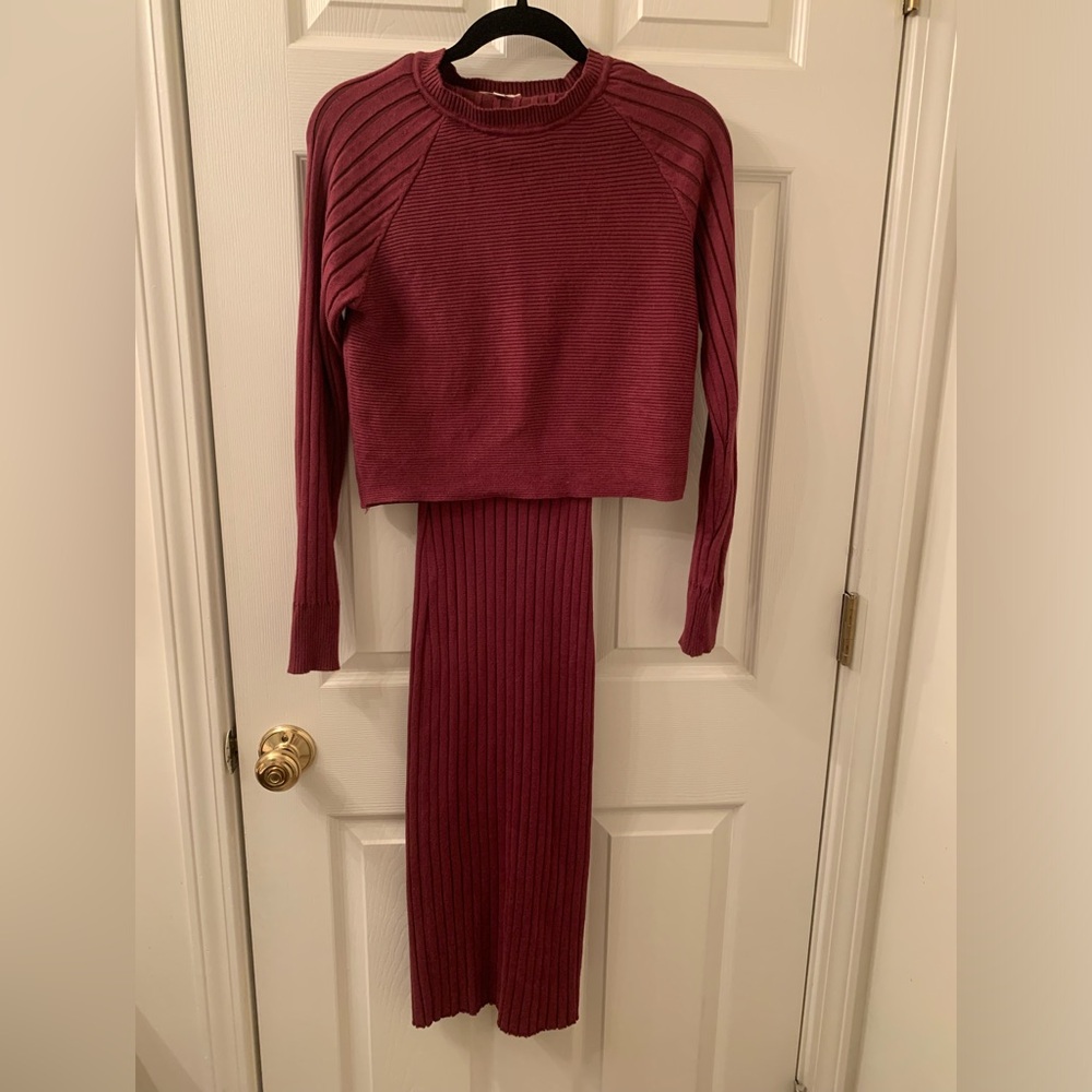 Vici Burgundy Ribbed Knit Sweater and Skirt Set